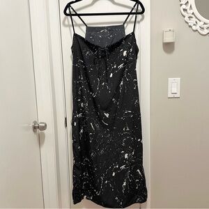ALIKE Black & Cream Splatter Paint Print Abstract Sleeveless Midi Slip Dress L